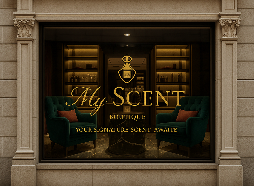 Elegant boutique storefront display for My Scent Boutique featuring velvet chairs and luxury fragrance presentation.