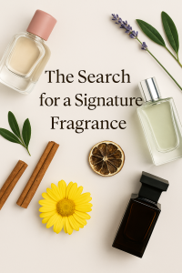 Flat lay of perfume bottles with natural ingredients like lavender, cinnamon, citrus, and a yellow daisy, alongside the title “The Search for a Signature Fragrance.”