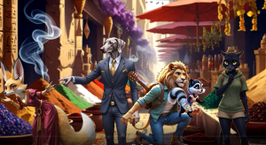 The Fragrancia team stands in the Egyptian marketplace as Stripy discovers the Wild Strawberry Blossom.