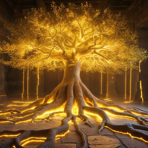 A glowing golden myrrh tree inside an ancient Mesopotamian temple chamber, with magical light and incense urns.