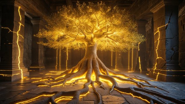 A glowing golden myrrh tree inside an ancient Mesopotamian temple chamber, with magical light and incense urns.