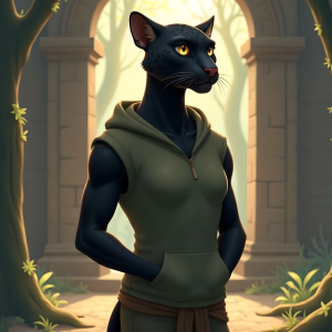 Portrait of Luna, a black jaguar character from Fragrancia, standing in front of ancient temple columns with a calm and thoughtful expression.