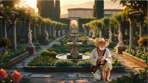Vittorio, master herbalist of Renaissance Florence, tending his private garden of herbs and flowers.